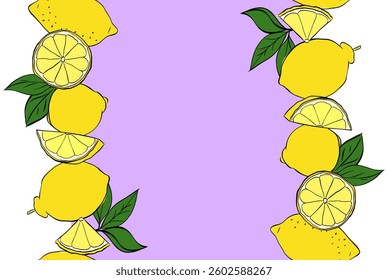 Lemon Naadloze Rand Set, Fruit Frame, Citrus Exotisch Element voor Ontwerp, Ruimte voor Tekst, Citroen. Vector grafische lijn inkt naadloze horizontale rand set. Ideaal voor menu, pakket, cosmetisch, textiel