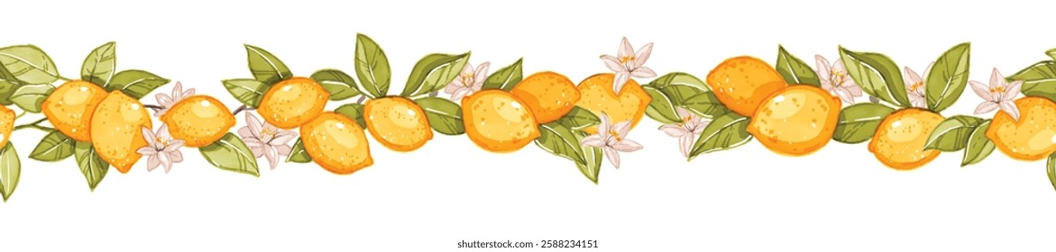 Lemon seamless border, vector watercolor fruit wedding frame, floral mediterranean invitation design. Citrus Amalfi wreath, summer greenery vintage illustration, season tropical blossom. Lemon border