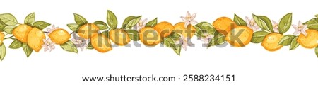 Lemon seamless border, vector watercolor fruit wedding frame, floral mediterranean invitation design. Citrus Amalfi wreath, summer greenery vintage illustration, season tropical blossom. Lemon border
