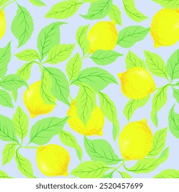 Lemon seamless citrus pattern.  Hand drawn vector illustration with lemons. Template for print, textile, wallpaper cover and box design...