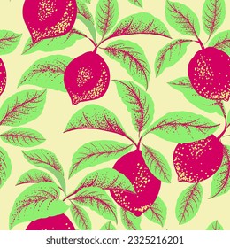  Lemon seamless citrus pattern with palm leves.Hand drawn vector illustration with lemons.Template for print, textile,wallpaper cover and box design