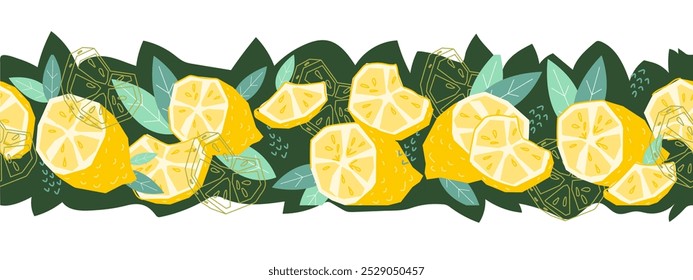 Limão design de borda decorativa sem costura para limonada ou suco, embalagem de limão e materiais de marketing, ilustração vetorial desenhada à mão isolada no fundo.