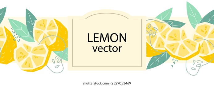 Lemon seamless design template for lemonade or juice marketing materials. Lemon flavored drinks and food label or packaging design element, hand drawn vector illustration isolated on background.