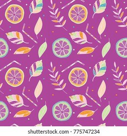 Lemon seamless doodle pattern with leaves on purple background. Vector illustration.