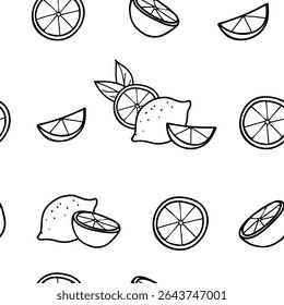 Lemon seamless graphic pattern in minimalistic style. Hand drawn Black and white Doodle illustration of whole Fruit and Cut Citrus Slices. For paper, menu, fabric.