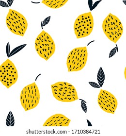 Lemon seamless pattern. Abstract hand drawn tropical fruit texture isolated on white background for greeting card, wall art, social media post, packaging. Vector illustration