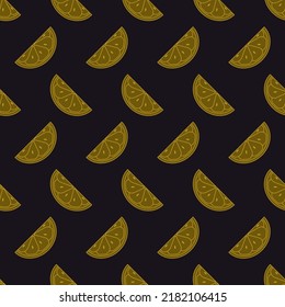 Lemon seamless pattern in art deco style. Lemon slice in style of the 1920s-1930s. Linear icon citrus in golden color. Vintage design for print on wrapping paper, wallpaper. Vector illustration