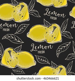 Lemon seamless pattern background. Food texture with hand-drawing fruits. Graphic print for restaurant template.