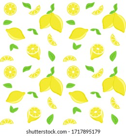 Lemon seamless pattern, background. Slices, leaves, yellow fruits. Isolated vector illustration