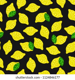 Lemon seamless pattern at black background, hand drawn doodle lemons made in vector