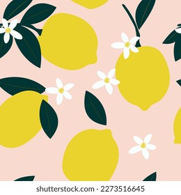 Lemon seamless pattern. Lemon blossom in modern design for fabrics. Citrus tropical fruits on a pink background with green leaves. Vector.