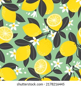 Lemon seamless pattern. Lemon blossoming branches. Lemon fruits, halves, flowers, leaves on a green background. Vector.