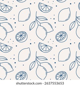 Lemon seamless pattern in blue. Hand drawn citrus fruit outline on light background.