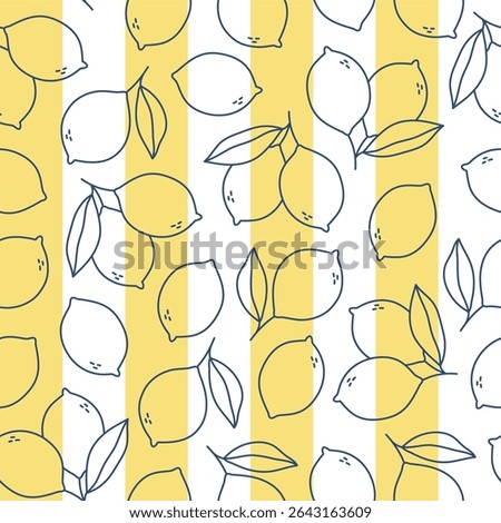 Lemon seamless pattern. Blue outline lemons and leaves on white and yellow strips background. Vector illustration