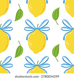 Lemon seamless pattern with blue whimsical bow and green leaf. Summer mediterranean design of crayon yellow citrus fruits. Ideal for vintage wallpaper, invitation cards, or Italian textile prints.