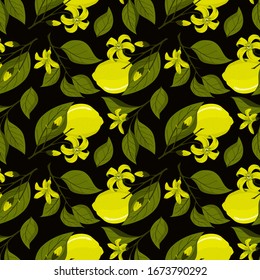 Lemon seamless pattern. Botanical set: twigs, leaves, flowers, fruits. Vector image isolated on a black background. Design of print , fabric, and paper.