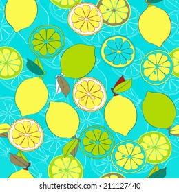 Lemon seamless pattern. Bright vector background. Use for textiles, pillow decoration, interior decoration, wallpaper, web page background, surface textures wrapping paper, doily, pattern fills. 