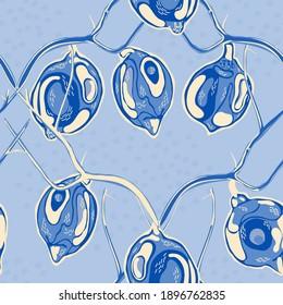 Lemon Seamless Pattern. Cerulean Blue and Gold Vector Summer Citrus Print. Simple Marker Lime. Botanical Illustration. Psychedelic Citron Motif. Modern Hand Drawn Background.