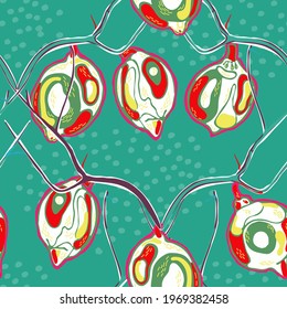 Lemon Seamless Pattern. Cerulean Blue, Red and Ultimate Gray Psychedelic Citron Motif.  Modern Hand Drawn Background. Vector Summer Citrus Print. Simple Marker Lime. Botanical Illustration.