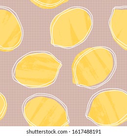 Lemon seamless pattern with check grid on a dusty pink background. Yellow fruit with brush strokes texture and white outline.