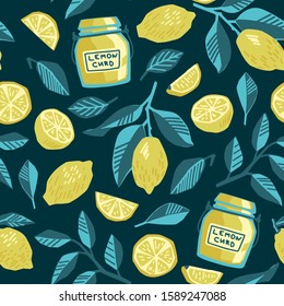 Lemon seamless pattern. Citrus texture with lemons, branches and leaves on dark background. Lemon curd bottles. Fruit slices vector hand drawn illustration. Sketch style ornament for print and web.