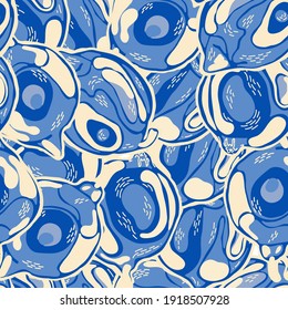 Lemon Seamless Pattern. Classic Blue and Indigo Vector Summer Citrus Print.  Modern Hand Drawn Background. Simple Marker Lime. Botanical Illustration. Psychedelic Citron Motif.