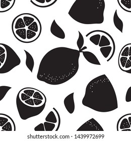 Lemon seamless pattern of color hand drawn fruits shapes isolated on white background. Nature endless vector texture. Creative tropical wallpaper design. 
