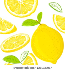 Lemon seamless pattern. Colorful sketch lemons. Citrus fruit background. Elements for menu, greeting cards, wrapping paper, cosmetics packaging, posters etc