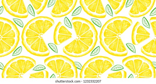 Lemon seamless pattern. Colorful sketch lemons. Citrus fruit background. Elements for menu, greeting cards, wrapping paper, cosmetics packaging, posters etc