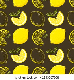 Lemon seamless pattern. Colorful sketch lemons. Citrus fruit background. Elements for menu, greeting cards, wrapping paper, cosmetics packaging, posters etc