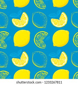 Lemon seamless pattern. Colorful sketch lemons. Citrus fruit background. Elements for menu, greeting cards, wrapping paper, cosmetics packaging, posters etc
