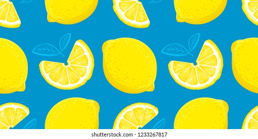Lemon seamless pattern. Colorful sketch lemons. Citrus fruit background. Elements for menu, greeting cards, wrapping paper, cosmetics packaging, posters etc