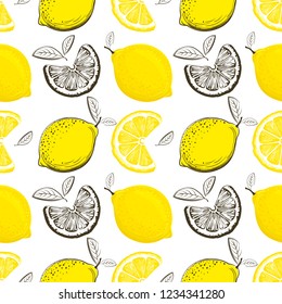 Lemon seamless pattern. Colorful sketch lemons. Citrus fruit background. Elements for menu, greeting cards, wrapping paper, cosmetics packaging, posters etc