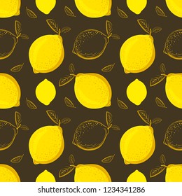 Lemon seamless pattern. Colorful sketch lemons. Citrus fruit background. Elements for menu, greeting cards, wrapping paper, cosmetics packaging, posters etc
