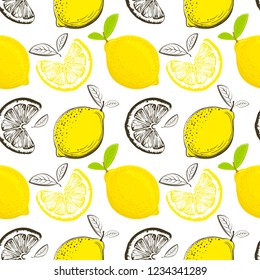 Lemon seamless pattern. Colorful sketch lemons. Citrus fruit background. Elements for menu, greeting cards, wrapping paper, cosmetics packaging, posters etc