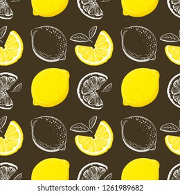 Lemon seamless pattern. Colorful sketch lemons. Citrus fruit background. Elements for menu, greeting cards, wrapping paper, cosmetics packaging, posters etc