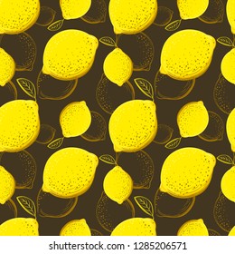 Lemon seamless pattern. Colorful sketch lemons. Citrus fruit background. Elements for menu, greeting cards, wrapping paper, cosmetics packaging, posters etc