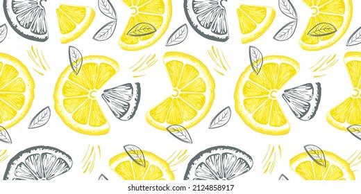 Lemon seamless pattern. Colorful sketch lemons. Citrus fruit background. Elements for menu, greeting cards, wrapping paper, cosmetics packaging, posters etc