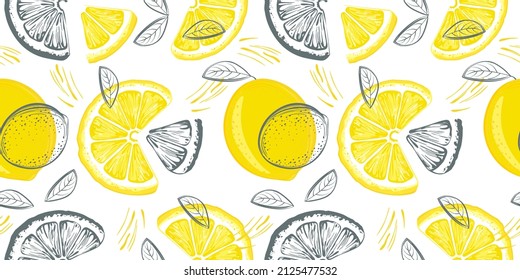 Lemon seamless pattern. Colorful sketch lemons. Citrus fruit background. Elements for menu, greeting cards, wrapping paper, cosmetics packaging, posters etc