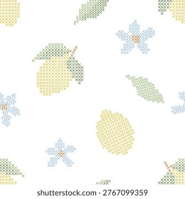 Lemon Seamless Pattern Cross Stitch Floral Embroidery Summer Kitchen Textile Fabric Vector Design