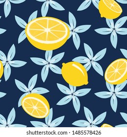 Lemon seamless pattern, cute lemon with flowers on dark blue background vector illustration. cheerful lovely fabric print.