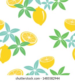 Lemon seamless pattern, cute lemon with flowers on white background vector illustration. cheerful lovely fabric print.