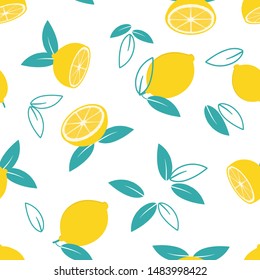 Lemon seamless pattern, cute lemon with green leaves on white background vector illustration. cheerful lovely fabric print.