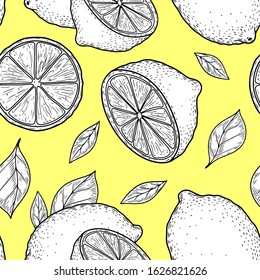 Lemon seamless pattern. Engraving lemons on yellow background. Hand drawn seamless vector pattern lemonade.