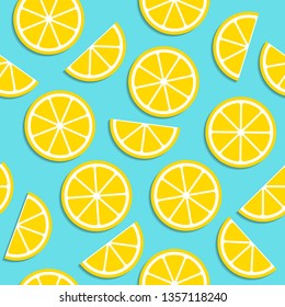 Lemon seamless pattern with flat slices in bright colors. Summer repeating texture with lemon slices in top view.