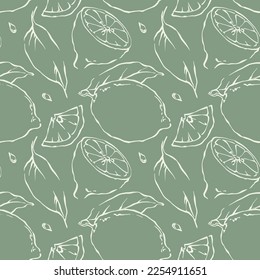 Lemon seamless pattern with freehand drawn light outline fruits and slices on pale green background. Vector graphic illustration.