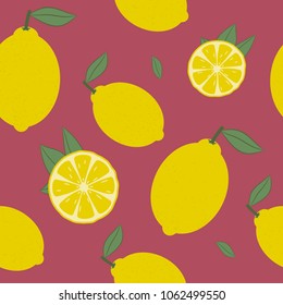 Lemon seamless pattern. Fresh citrus fruit with leaf background. Vector illustration.