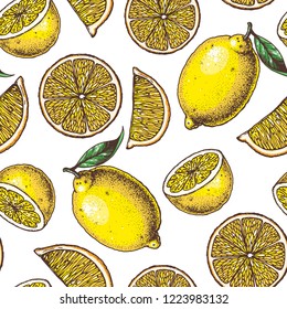 Lemon seamless pattern. Fresh citrus background. Hand drawn vector illustration. Organic food, citrus design template. Colored illustration.