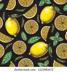 Lemon seamless pattern. Fresh citrus background. Hand drawn vector illustration. Organic food, citrus design template. Colored illustration.