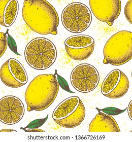 Lemon seamless pattern. Fresh citrus background. Hand drawn vector illustration. Organic food, citrus design template. Colored illustration